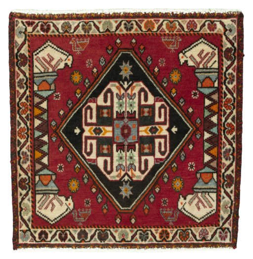 Full view of 2000s Shiraz rug from Iran / Persia, 60 × 59 cm in Red tones
