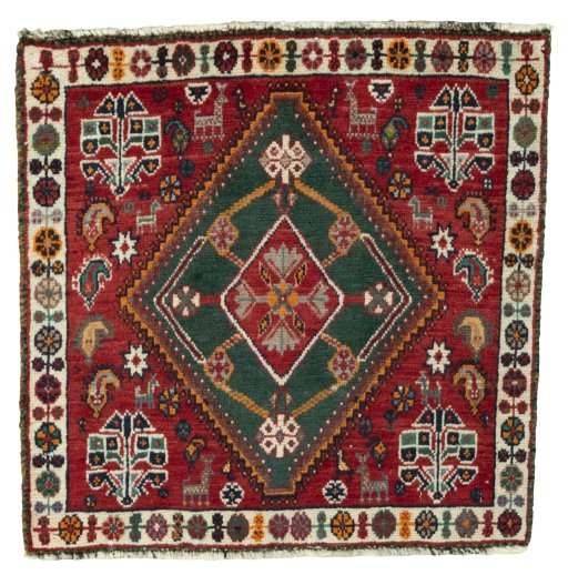 Full view of 2000s Shiraz rug from Iran / Persia, 58 × 58 cm in Red tones