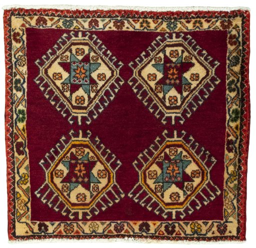 Full view of 2000s Shiraz rug from Iran / Persia, 52 × 57 cm in Red tones