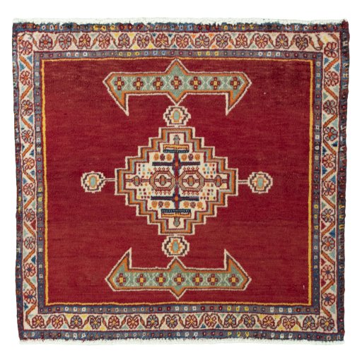 Full view of 2000s Shiraz rug from Iran / Persia, 57 × 58 cm in Red tones
