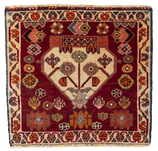 Full view of 2000s Shiraz rug from Iran / Persia, 51 × 55 cm in Red tones