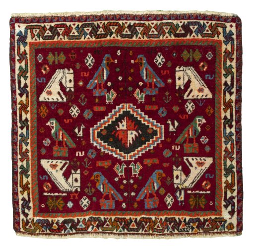 Full view of 2000s Shiraz rug from Iran / Persia, 58 × 62 cm in Red tones