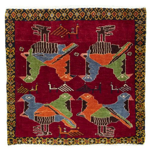 Full view of 2000s Shiraz rug from Iran / Persia, 61 × 63 cm in Red tones