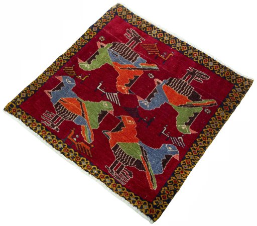 Corner detail of 2000s Shiraz rug showing border pattern and Wool pile