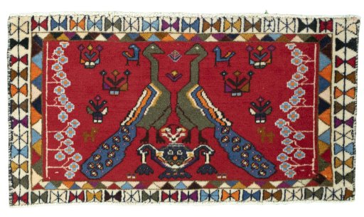 Full view of 2000s Shiraz rug from Iran / Persia, 42 × 79 cm in Red tones
