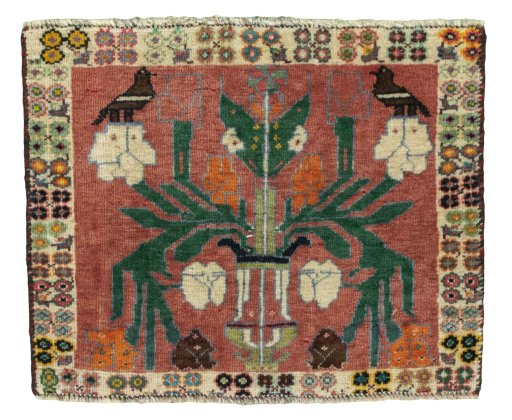 Full view of 2000s Shiraz rug from Iran / Persia, 44 × 54 cm in Red tones