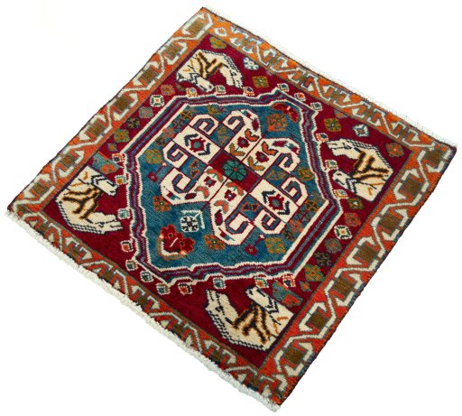 Corner detail of 2000s Shiraz rug showing border pattern and Wool pile