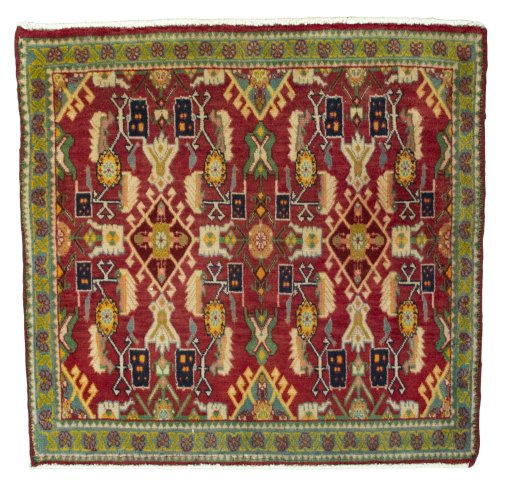 Full view of 2000s Shiraz rug from Iran / Persia, 62 × 65 cm in Red tones