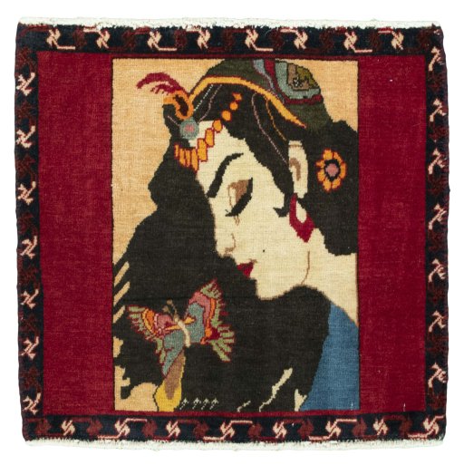 Full view of 2000s Shiraz rug from Iran / Persia, 55 × 57 cm in Red tones