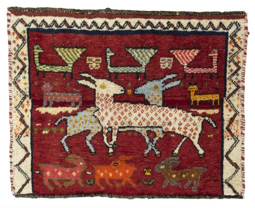 Full view of 2000s Shiraz rug from Iran / Persia, 44 × 55 cm in Red tones