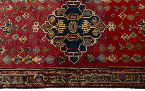 Full view of 2000s Shiraz rug from Iran / Persia, 195 × 78 cm in Red tones