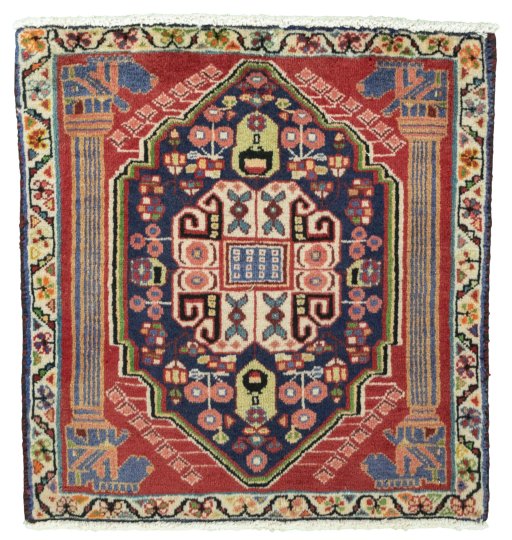 Full view of 2000s Shiraz rug from Iran / Persia, 64 × 59 cm in Red tones