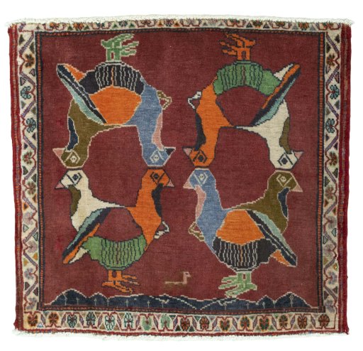 Full view of 2000s Shiraz rug from Iran / Persia, 59 × 63 cm in Red tones