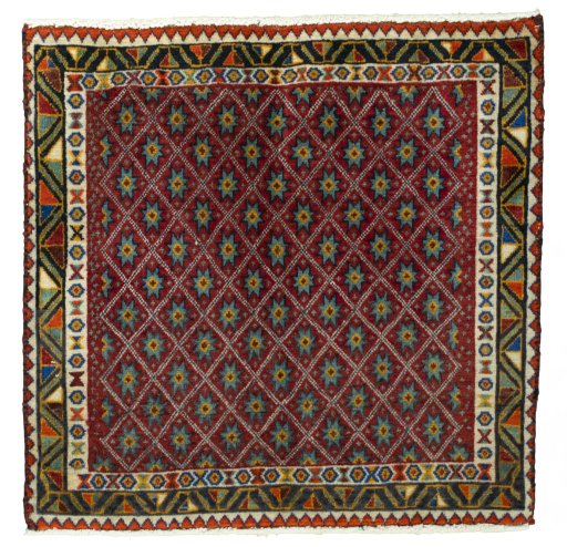 Full view of 2000s Shiraz rug from Iran / Persia, 62 × 63 cm in Red tones
