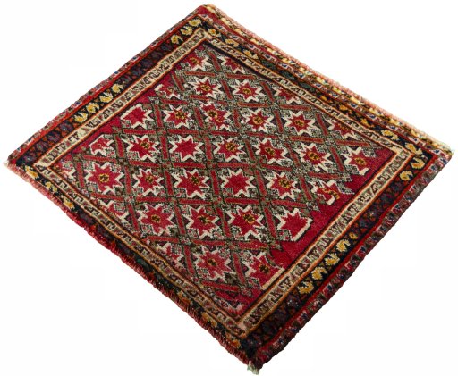 Corner detail of 2000s Shiraz rug showing border pattern and Wool pile