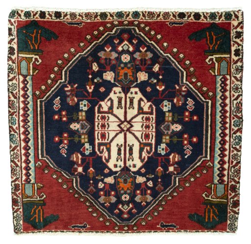 Full view of 2000s Shiraz rug from Iran / Persia, 63 × 67 cm in Red tones