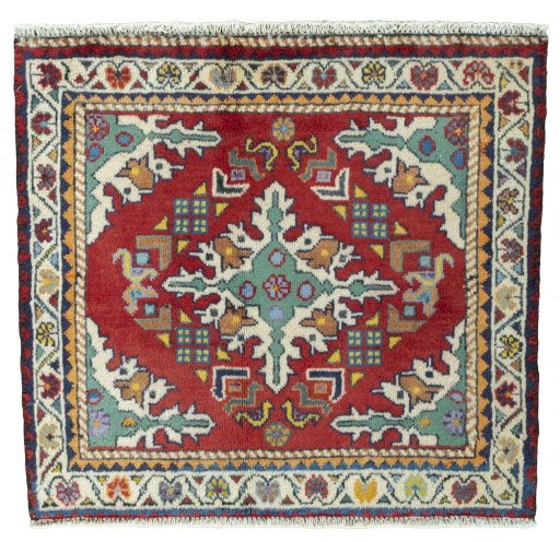 Full view of 2000s Shiraz rug from Iran / Persia, 55 × 60 cm in Red tones