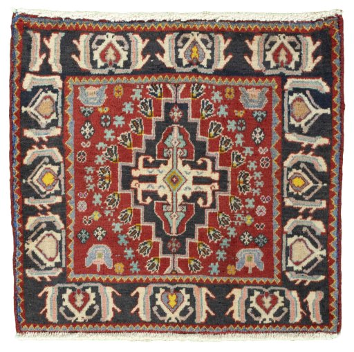 Full view of 2000s Shiraz rug from Iran / Persia, 59 × 63 cm in Red tones