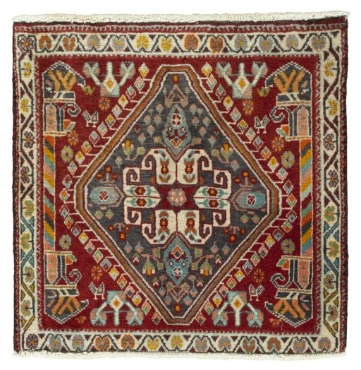 Full view of 2000s Shiraz rug from Iran / Persia, 62 × 63 cm in Red tones