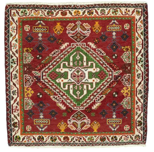 Full view of 2000s Shiraz rug from Iran / Persia, 56 × 57 cm in Red tones