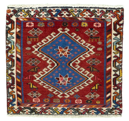 Full view of 2000s Shiraz rug from Iran / Persia, 56 × 55 cm in Red tones