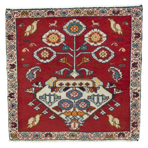 Full view of 2000s Shiraz rug from Iran / Persia, 60 × 61 cm in Red tones