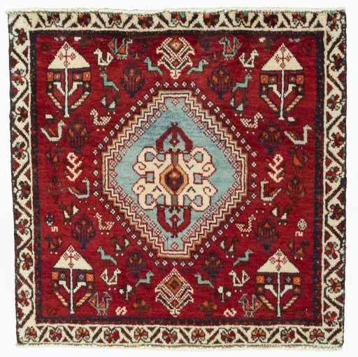 Full view of 2000s Shiraz rug from Iran / Persia, 66 × 67 cm in Red tones