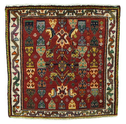 Full view of 2000s Shiraz rug from Iran / Persia, 61 × 61 cm in Red tones