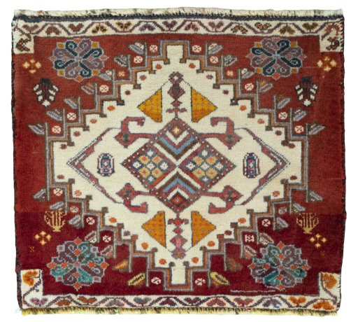 Full view of 2000s Shiraz rug from Iran / Persia, 50 × 57 cm in Red tones