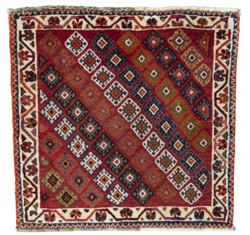 Full view of 2000s Shiraz rug from Iran / Persia, 58 × 59 cm in Red tones