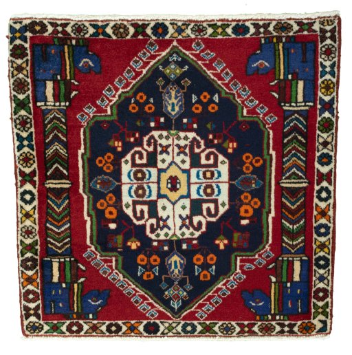 Full view of 2000s Shiraz rug from Iran / Persia, 64 × 66 cm in Red tones