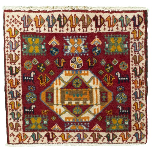Full view of 2000s Shiraz rug from Iran / Persia, 49 × 53 cm in Red tones