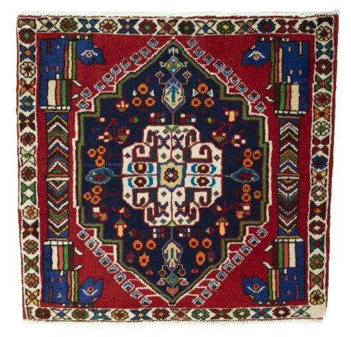 Full view of 2000s Shiraz rug from Iran / Persia, 65 × 67 cm in Red tones