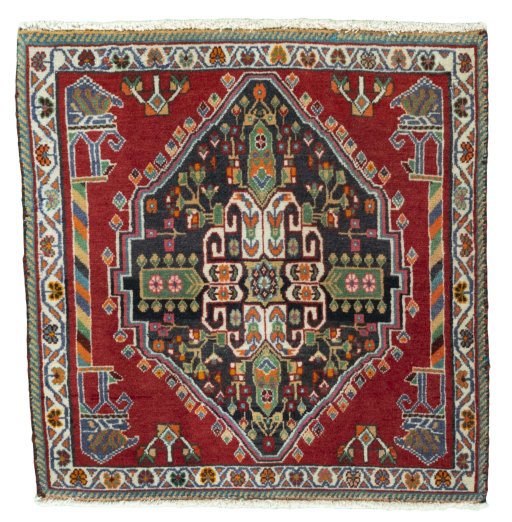 Full view of 2000s Shiraz rug from Iran / Persia, 65 × 64 cm in Red tones