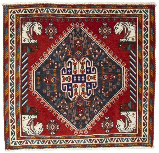 Full view of 1970s Shiraz rug from Iran / Persia, 65 × 68 cm in Red tones
