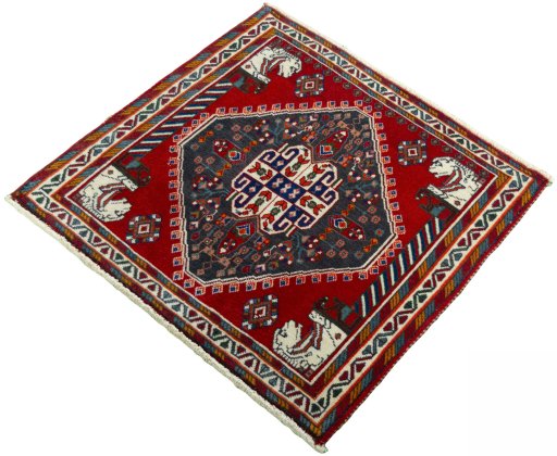 Corner detail of 1970s Shiraz rug showing border pattern and Wool pile
