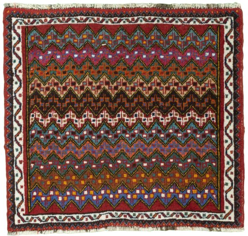 Full view of 1970s Shiraz rug from Iran / Persia, 54 × 58 cm in Red tones