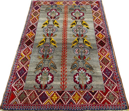 Surface texture of 1970s Shiraz rug with natural Wool and intricate pattern