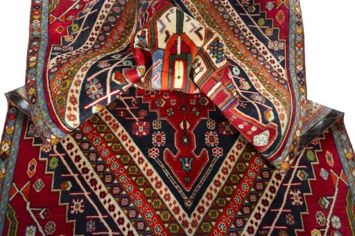 Close-up detail of 1970s Shiraz rug from Iran / Persia showing Wool weave