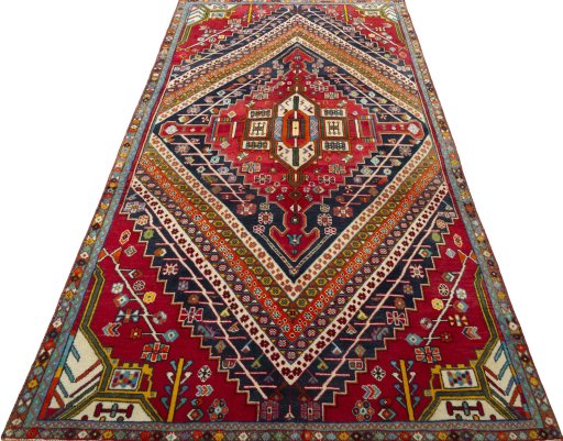 Surface texture of 1970s Shiraz rug with natural Wool and intricate pattern