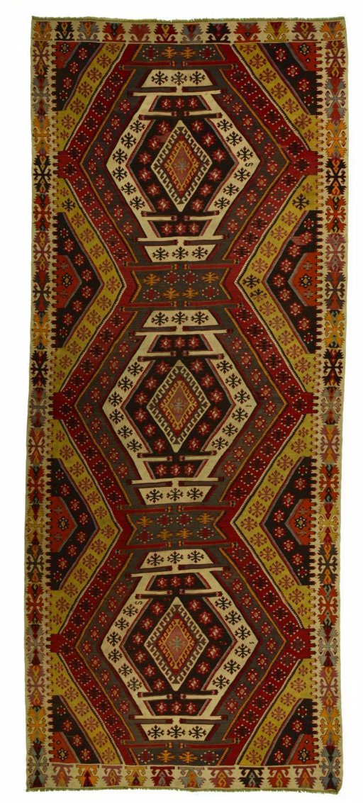 Full view of 1950s Sirjan rug from Iran / Persia, 439 × 184 cm in Multi Color tones