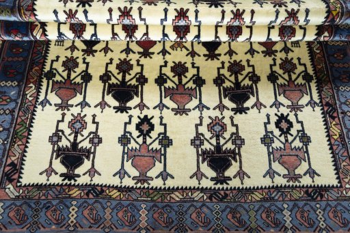 Full view of New Sirjan rug from Iran / Persia, 195 × 136 cm in Beige tones