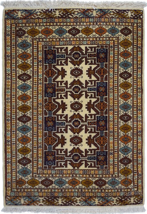 Full view of 1960s Torkaman rug from Iran / Persia, 90 × 70 cm in Multi Color tones