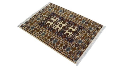 Corner detail of 1960s Torkaman rug showing border pattern and Wool pile