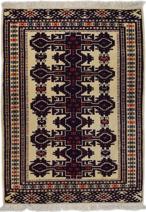 Full view of 1960s Torkaman rug from Iran / Persia, 108 × 80 cm in Cream tones