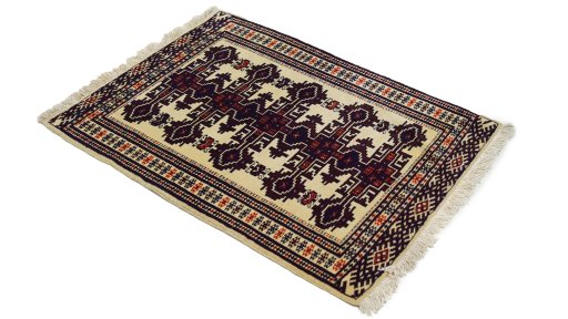 Corner detail of 1960s Torkaman rug showing border pattern and Wool pile