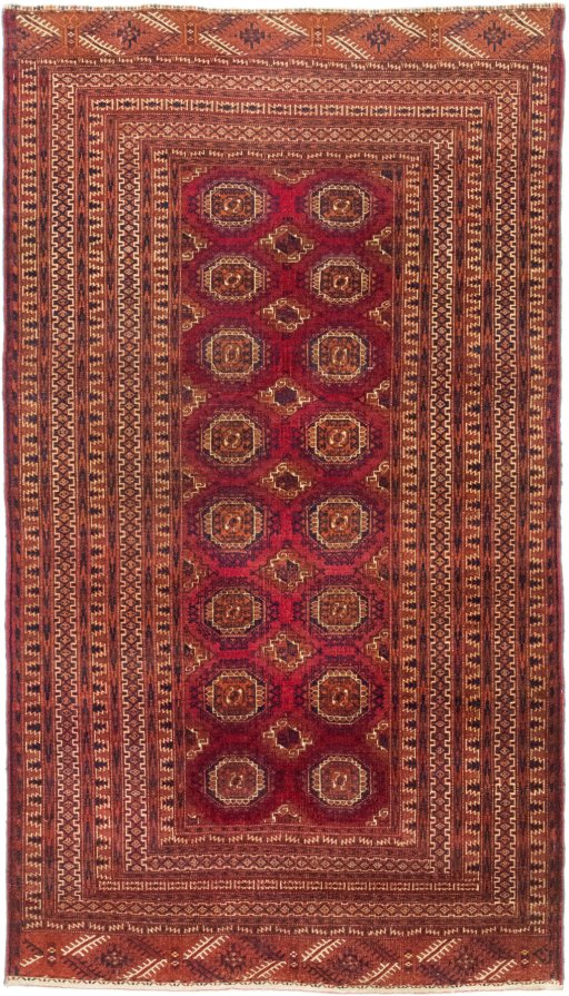 Full view of 1960s Torkaman rug from Uzbekistan, 200 × 114 cm in Dark red tones