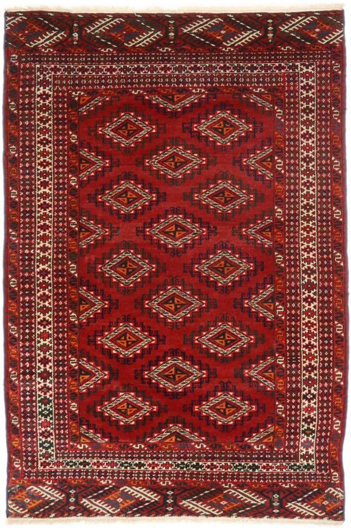 Full view of 1960s Torkaman rug from Iran / Persia, 162 × 114 cm in Dark red tones
