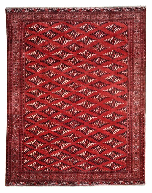 Full view of 2000s Torkaman rug from Iran / Persia, 301 × 233 cm in Red tones