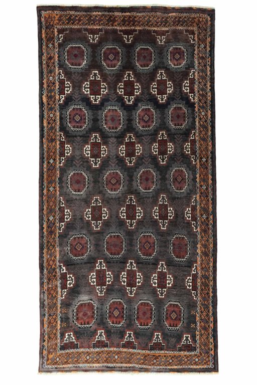 Full view of 2000s Torkaman rug from Iran / Persia, 272 × 133 cm in Gray tones